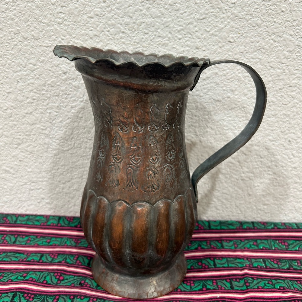Antique Hand Hammered Tinned Copper Brass Engraved Egyptian Pitcher 7”